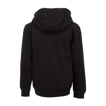 Youth black fleece pullover hoodie with hood, back view