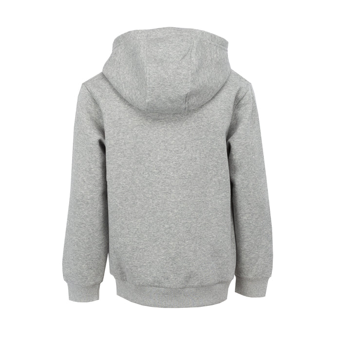 Youth heather grey pullover hoodie with hood and Nike logo, back view