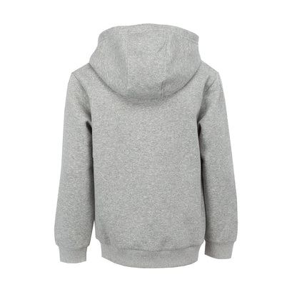 Youth heather grey pullover hoodie with hood and Nike logo, back view