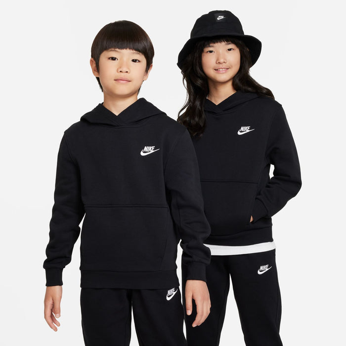 Youth black fleece pullover hoodie with white Nike swoosh, worn by child models