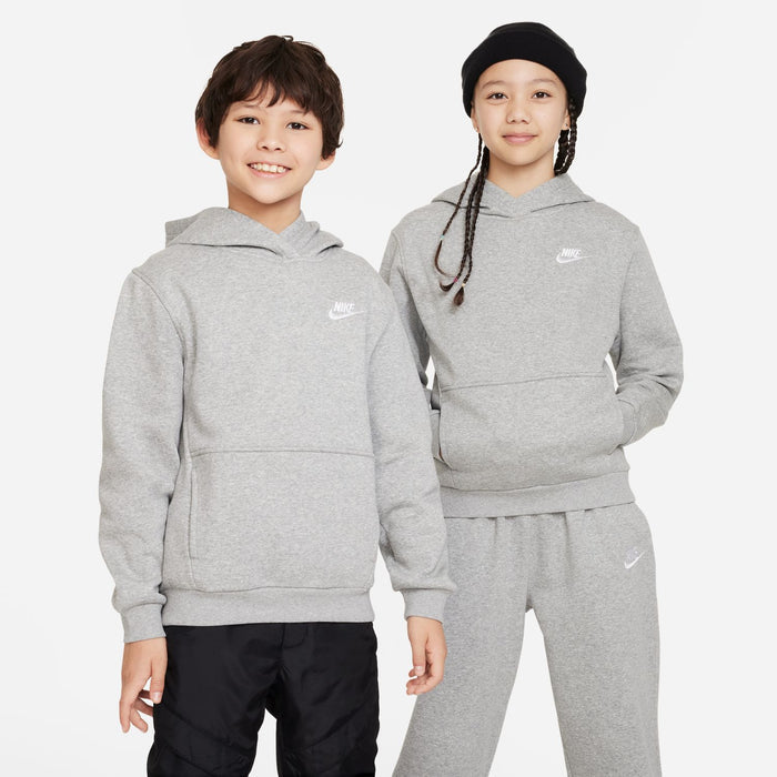 Youth heather grey pullover hoodie with kangaroo pocket and Nike logo