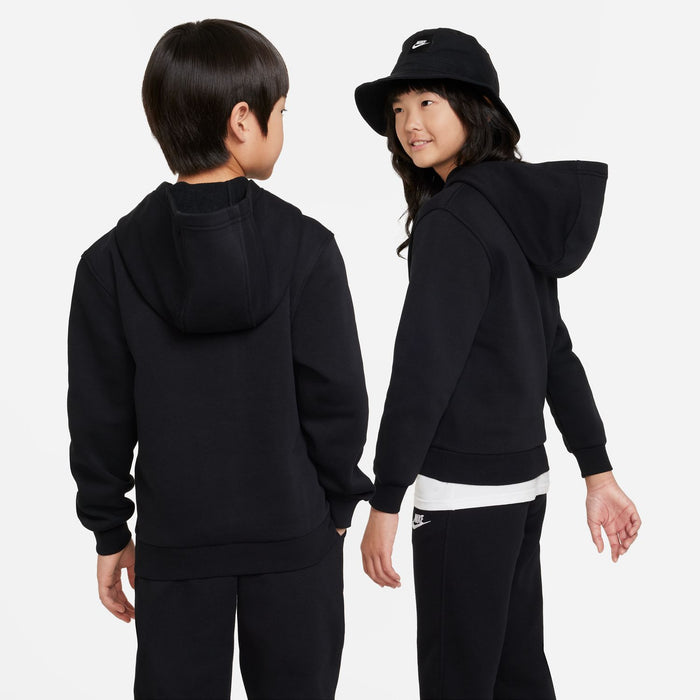 Youth black fleece pullover hoodie with hood, back view worn by child