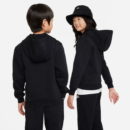Youth black fleece pullover hoodie with hood, back view worn by child
