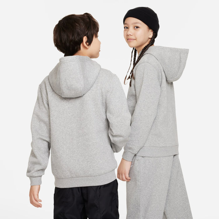 Youth heather grey pullover hoodie back view with hood and Nike logo