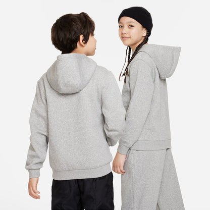 Youth heather grey pullover hoodie back view with hood and Nike logo