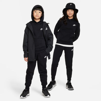 Youth black fleece pullover hoodie with white Nike swoosh, worn by two children