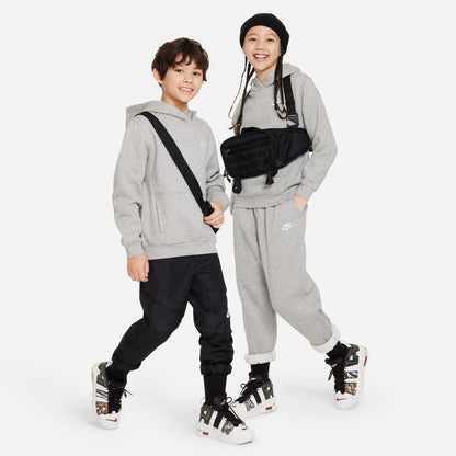Youth heather grey pullover hoodie worn with joggers, Nike logo