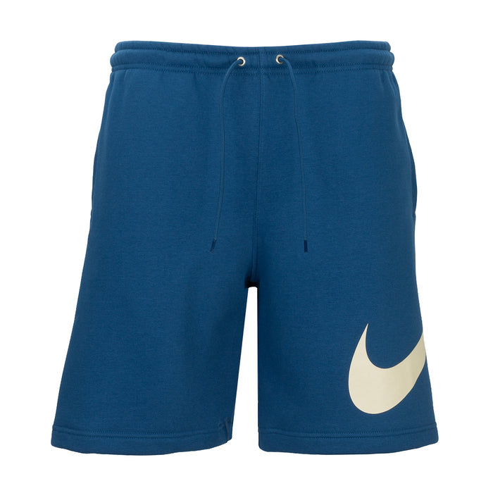 Men's blue fleece shorts with elastic waistband, drawstring, and Nike swoosh on side