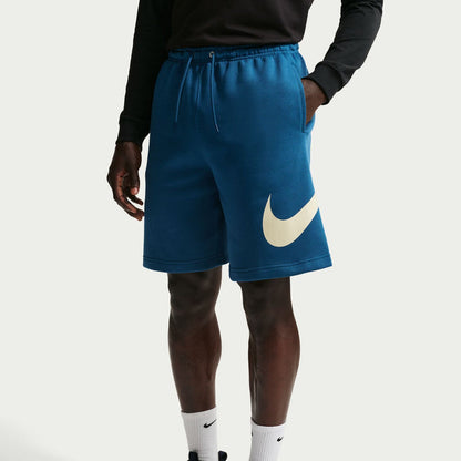 Men's blue fleece shorts with elastic waistband, drawstring, and large Nike swoosh print