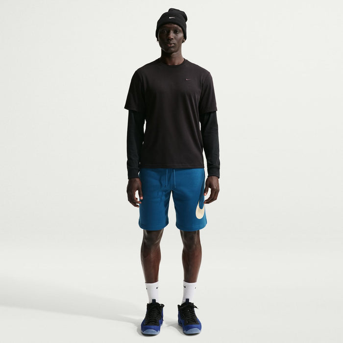 Men's blue fleece shorts with Nike swoosh logo, above-knee length