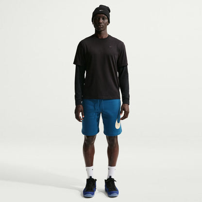 Men's blue fleece shorts with Nike swoosh logo, above-knee length