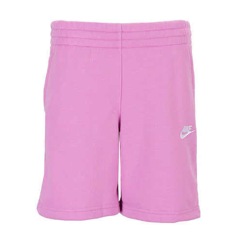 Youth light magenta sweat shorts with elastic waistband and small Nike logo