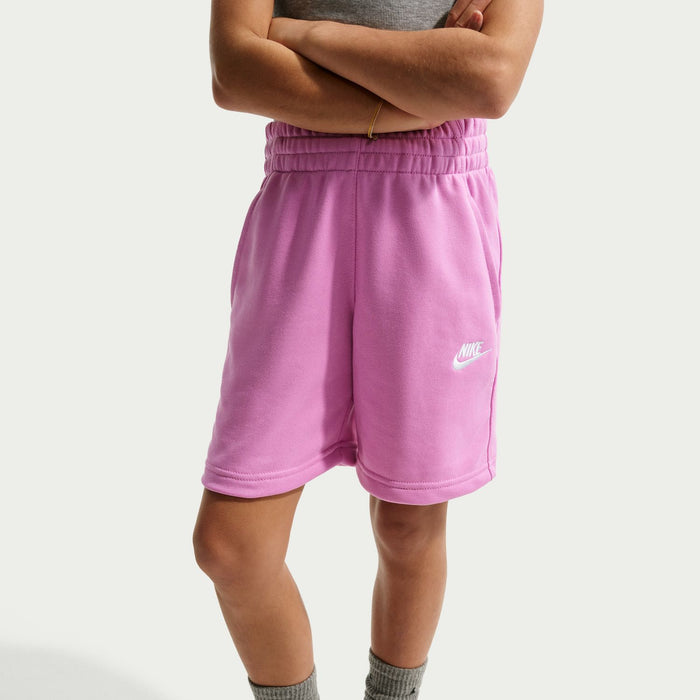 Youth light magenta sweat shorts, front view with Nike logo