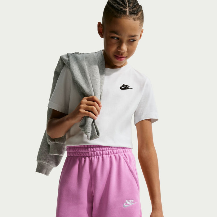 Youth light magenta sweat shorts with Nike logo at hem and elastic waistband