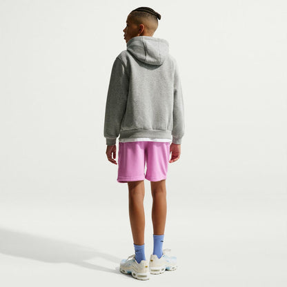 Youth light magenta sweat shorts, back view with elastic waistband
