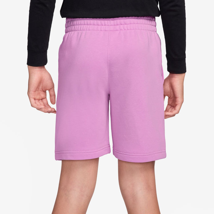 Youth light magenta sweat shorts close-up, elastic waistband and stitched seams