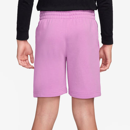 Youth light magenta sweat shorts close-up, elastic waistband and stitched seams