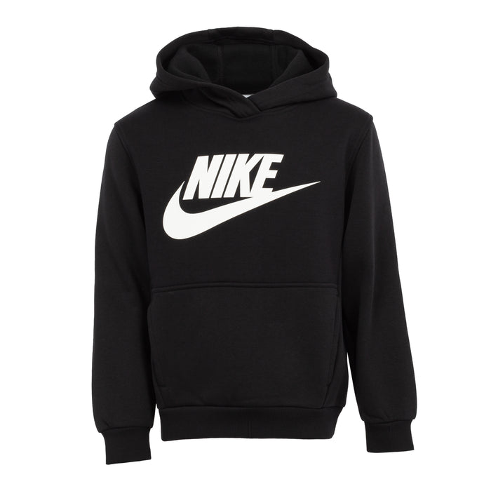 Youth black pullover hoodie with hood, kangaroo pocket, and white Nike swoosh logo