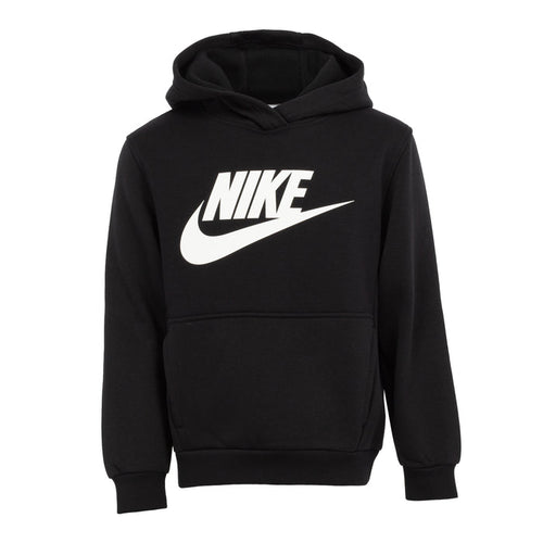 Youth black pullover hoodie with hood, kangaroo pocket, and white Nike swoosh logo
