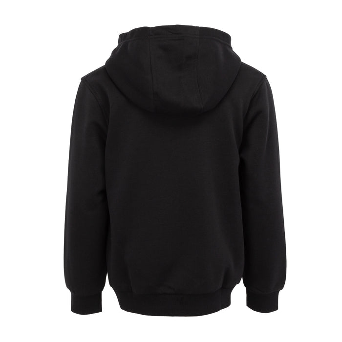 Youth black pullover hoodie with attached hood and full back view; no logo visible
