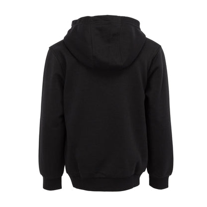 Youth black pullover hoodie with attached hood and full back view; no logo visible
