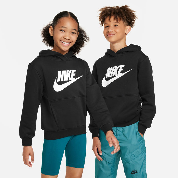 Youth black hoodie with white Nike swoosh on chest and kangaroo pocket