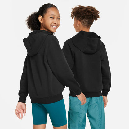 Youth black hoodie with attached hood and back view, showing hood seam details