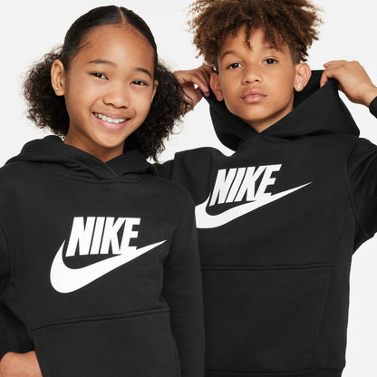 Youth black hoodie with large white Nike swoosh logo on front, hooded pullover