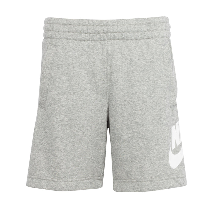 Youth heather gray knit shorts with elastic waistband and white Nike logo at side