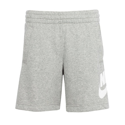 Youth heather gray knit shorts with elastic waistband and white Nike logo at side