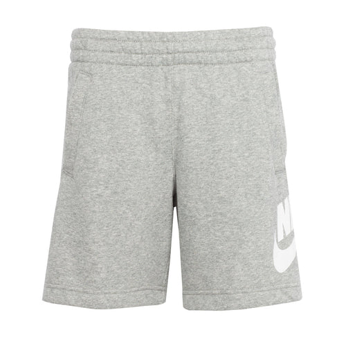 Youth heather gray knit shorts with elastic waistband and white Nike logo at side
