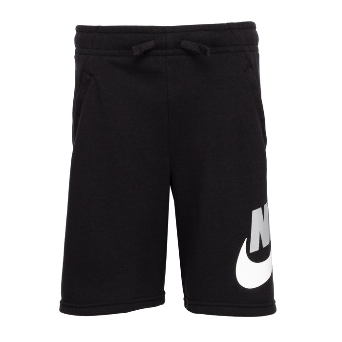 Youth black Nike shorts with drawstring and white swoosh logo on leg