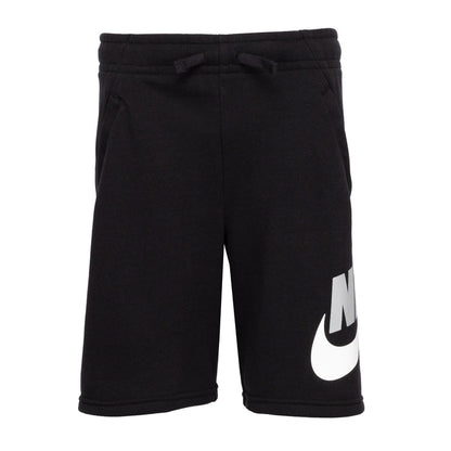 Youth black Nike shorts with drawstring and white swoosh logo on leg