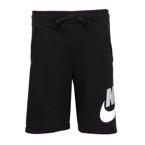 Youth black Nike shorts with drawstring and white swoosh logo on leg