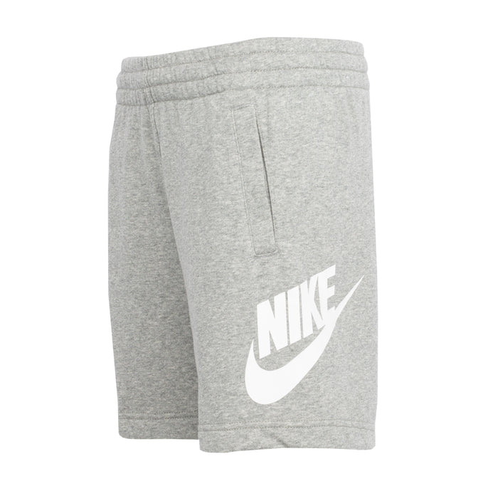Youth heather gray shorts, back view, with elastic waistband and large white Nike logo