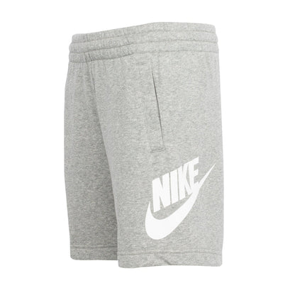 Youth heather gray shorts, back view, with elastic waistband and large white Nike logo