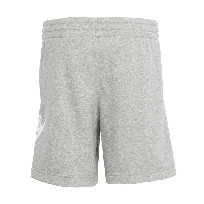 Youth heather gray shorts with elastic waistband and partial white Nike logo on left leg