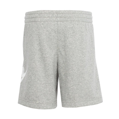 Youth heather gray shorts with elastic waistband and partial white Nike logo on left leg