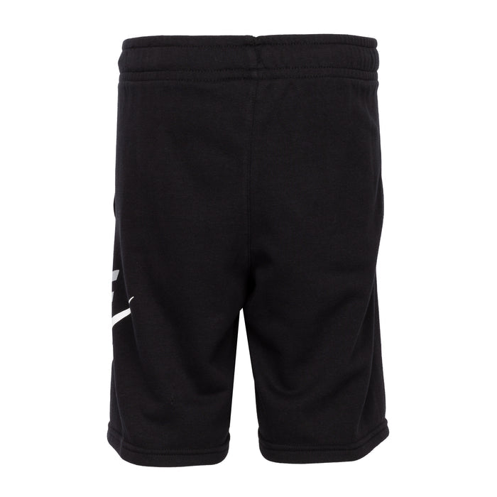 Youth black Nike shorts from back with white swoosh print on left leg