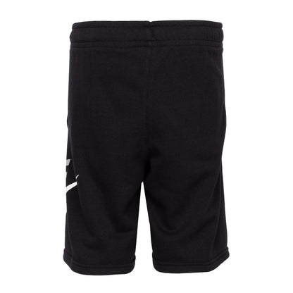 Youth black Nike shorts from back with white swoosh print on left leg