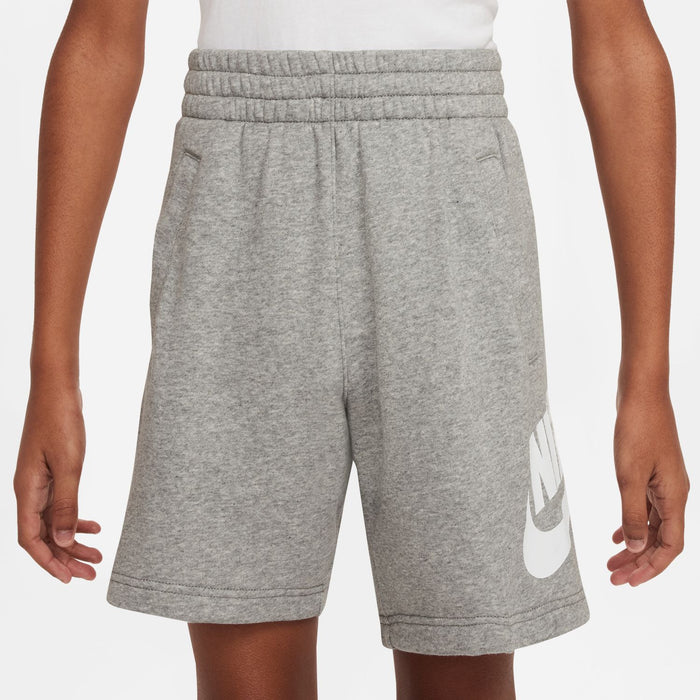 Youth heather gray shorts with elastic waistband and white Nike logo panel on right leg
