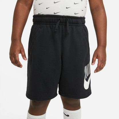 Youth black Nike athletic shorts with elastic waistband and white swoosh
