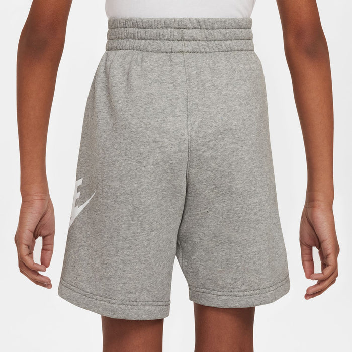 Youth heather gray shorts with elastic waistband and white Nike logo on left hem