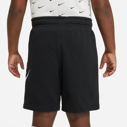 Youth black Nike shorts with elastic waistband and drawcord, front view