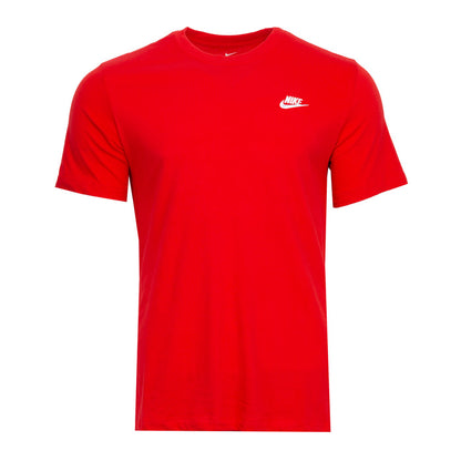 Mens red crewneck Nike T-shirt with small chest logo, short sleeves