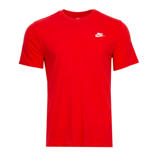 Mens red crewneck Nike T-shirt with small chest logo, short sleeves