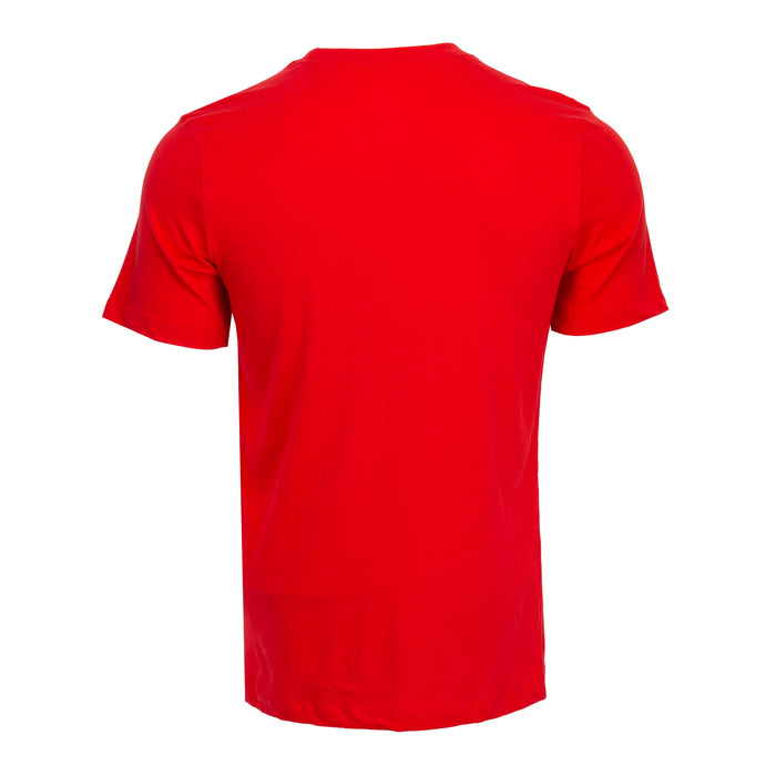Mens red crewneck T-shirt, plain back view, short sleeves