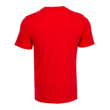 Mens red crewneck T-shirt, plain back view, short sleeves