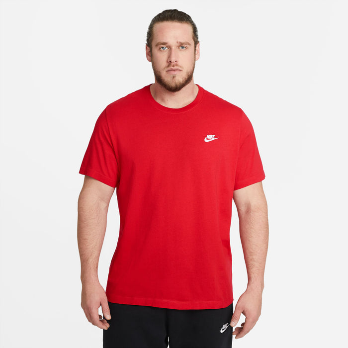 Mens red crewneck Nike T-shirt worn by model, short sleeves and logo