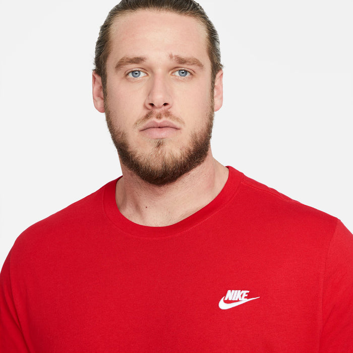 Mens red crewneck Nike T-shirt chest logo close-up